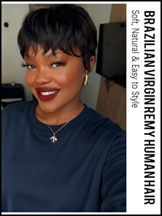 Pixie Cut Wig Human Hair Glueless Wear & Go Pre-Cut Bangs Short Wigs for Black